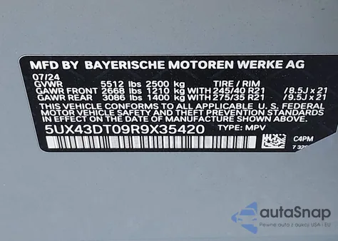 2024 BMW X4 M40I z USA, uszkodzony, nr VIN 5UX43DT09R9X35420
